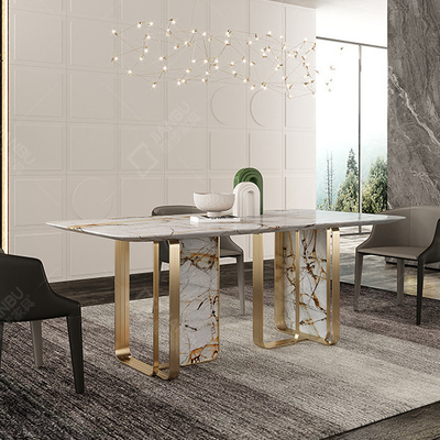 Mesa de comedor larga de mármol italiana personalizada con las piernas del metal del oro