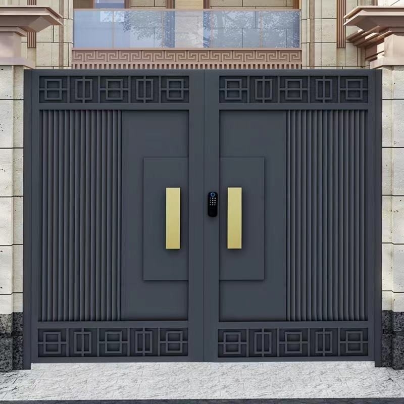 Decoración exterior Entrada negra Puerta doble de acero inoxidable Diseño de hierro forjado Puerta principal