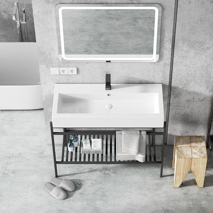 Piso - unidad de cerámica europea montada de la vanidad del fregadero del gabinete de cuarto de baño del hotel con el espejo