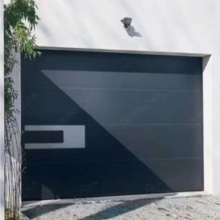 Rollo de acero automatizado exterior contemporáneo del negro de la puerta del garaje encima de la puerta con el motor